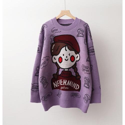 Cartoon Girl Sweater Pullover Women 2021 New Autumn Winter Loose Lazy Wind Round Neck Student Lovely Long Sleeve Knitted Coat