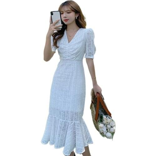 Elegant Puff Sleeve Summer White Dress for Women Ladies Slim Fit Lace See Through Solid French Vintage Mermaid Dresses Vestidos