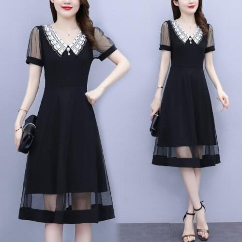 Women One Piece Korea Dress Summer 2021 Office Lady French Style Patchwork Solid Short Sleeve Turn-down Collar Zipper Dresses