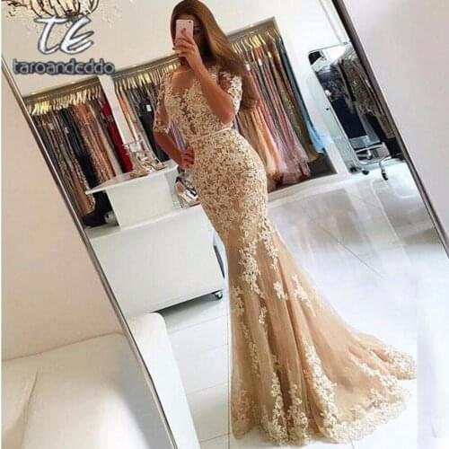 Scoop Half Sleeves Long Prom Dresses Mermaid Open Back Applique Evening Formal Party Dress with Back Buttons Vestido De Fiesta