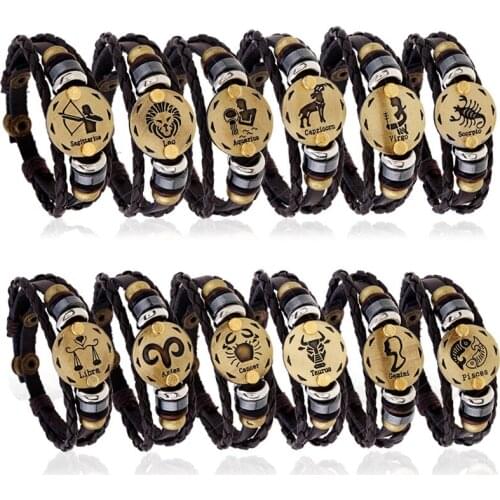 12 Constellations Zodiac Signs Casual Leather Bracelet Vintage Hematite Snap Button Clasp Wristband Wrap Bracelets Punk Rock Men
