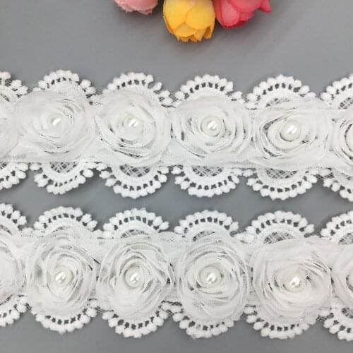 20X Vintage Cotton 3D Pearl Rose Flowers Lace Trim Ribbon Fabric Knitting Wedding Clothes Dress Hat Sewing Craft 5CM Wide