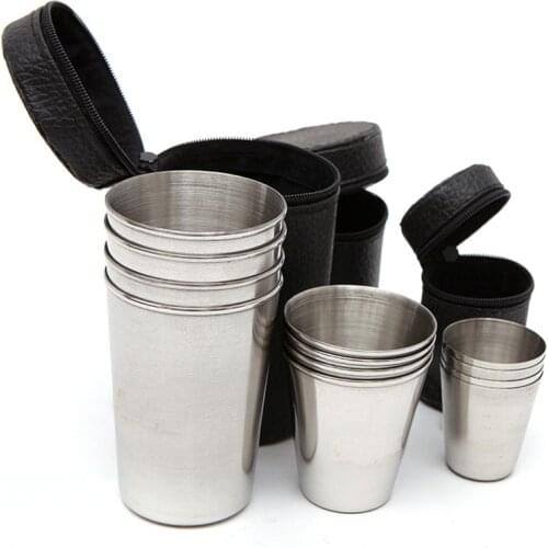 4Pcs/Set Stainless Steel Wine Drinking Shot Glasses Cup With Leather Cover Case Bag Barware For Home Kitchen Bar Whisky Wine