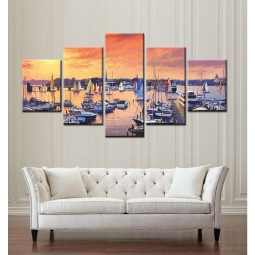 5 Pieces Modern Canvas Prints Frameless Seascape Sailing Boat Wall Art Sunset Oil Painting cuadros decoration On Canvas Home