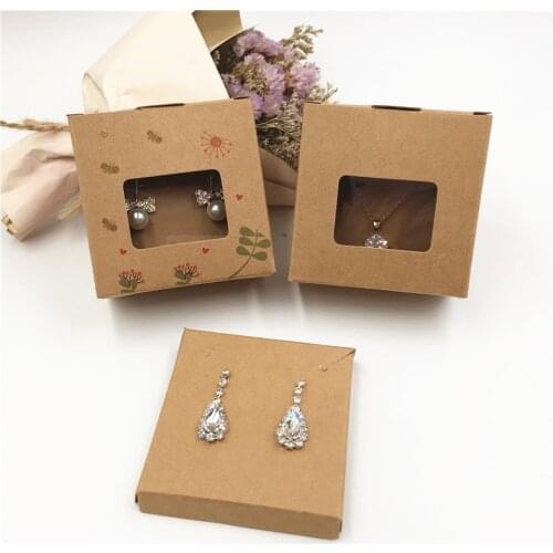 50Sets 6.5*3.5*6.5cm Kraft Paper Jewelry Set Brown Necklace And Earring Gift Boxes With PVC Packing Displays Boxes