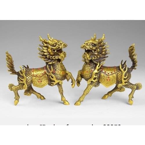 6 Chinese Brass Fengshui Dragon Kirin Unicorn kylin Chi Lin Figurine Statue Pair