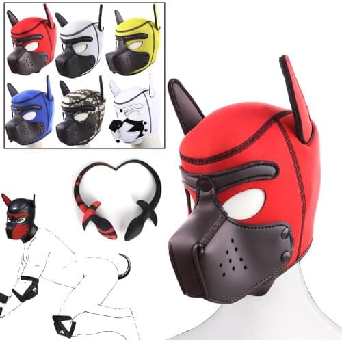 Bdsm Pet Roleplay Party Mask Puppy Play Dog Hood Mask,Slave Full Head Bondage Padded Neoprene Foxhound Mask Dogtail Plug Sex Toy