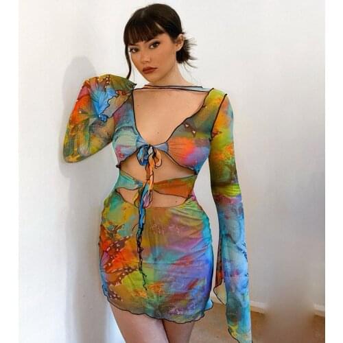 CHRONSTYLE Butterfly Tie Dyeing Print Sexy Women Dress Clubwear 2021 Long Flare Sleeve Hollow Out Lace-up V-neck Pencil Dresses