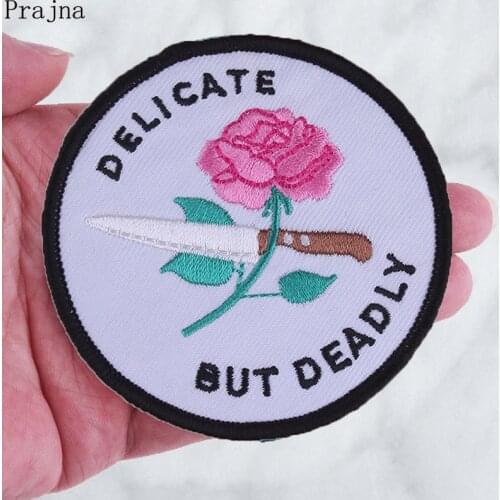 Prajna Delicate But Dead Diet Pink Patch Iron On Embroidered Patches For Clothes Fabric Applique Heat Patch Rose Knife Stripes
