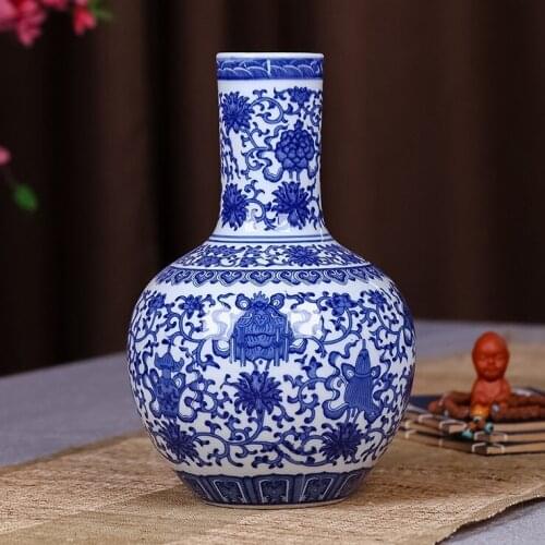 Home Decorative Blue And White Porcelain Eight Buddhist Emblems And Lotus Ceramic Vases