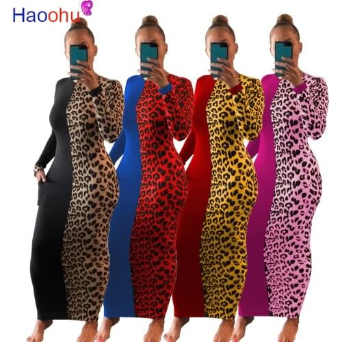HAOOHU autumn winter women midi dress party bodycon festival leopard animal print sexy plus size office clothes