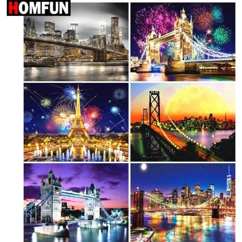 HOMFUN Full Diamond "Bridge night view Fireworks" DIY 5D Diamond Painting Cross Stitch Home Decor Picture Of Rhinestone Handmade