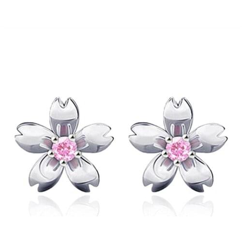 KOFSAC Popular 925 Sterling Silver Stud Earrings For Women Wedding Party Cute Pink Crystal Flower Design Earring Jewelry Gifts