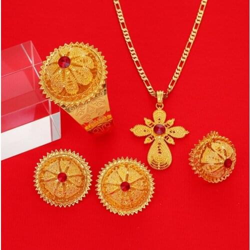 Gold Color Ethiopian Jewelry Sets Red Blue Green Stone Ethiopian Habesha Bride Wedding Eritrea Chain African Jewelry Set