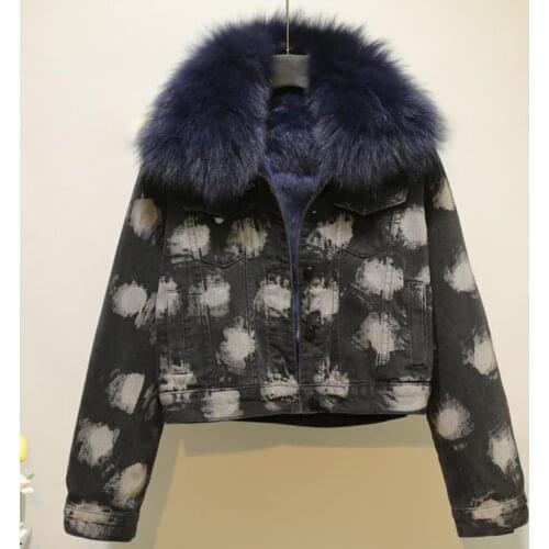 Winter 2021 new womens Graffiti printing short denim jacket thick Parkas fashion big fur collar detachable liner real fur coat