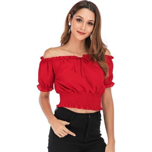Small Sexy One-Word Collar Off-Tthe-Shoulder Short HanFeng 2020 Summer New Short-Sleeved 100-Match Solid Color Top Womens Shirt