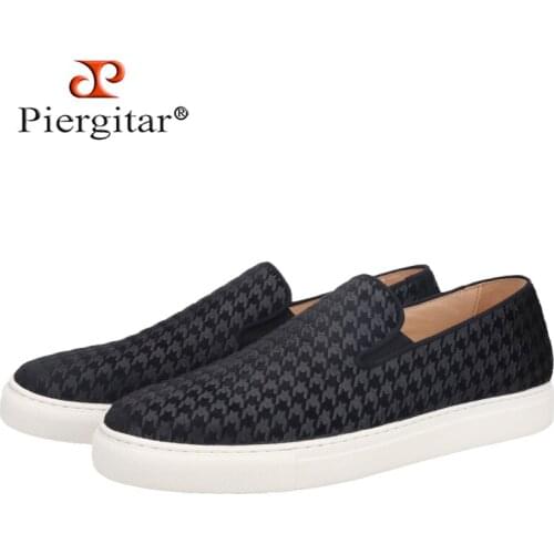 Piergitar Houndstooth Embossed Velvet Men Sneakers Increase White Soles Handcrafted Mens Casual Shoes BreathableLeather Insole