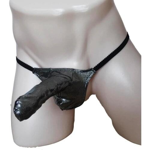 Men Sexy Lingerie Metallic Shiny Trunk Penis Sheath Bikini G-String Crotch Pouch T-Back Microkini Underwear Macho Show Outfit