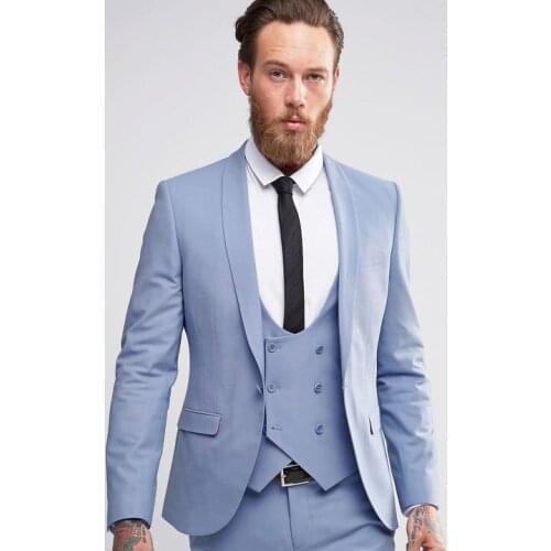2017 Latest Coat Pant Designs Light Blue Men Suit Double Breasted Blazer Slim Fit Skinny 3 Piece Groom Custom Tuxedo Masculino