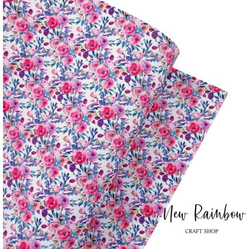 New Rainbow 30x138cm Roll Pink Purple Flowers Pu Faux Leather for Bows Making, DIY Handmade Bag, Decor, Earrings, Crafts