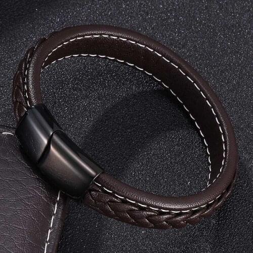 New Brown Leather Bracelet Men Fashion Jewelry Black Stainless Steel Magnetic Buckle Male Wrist Band Bangles Gifts S0019Z