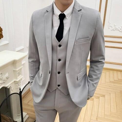 New Pure Color Men Business Suit Black Gray Blue Wine Red Khaki Slim Fit Male Suit Three-piece Set Fashion Men Wedding Suits