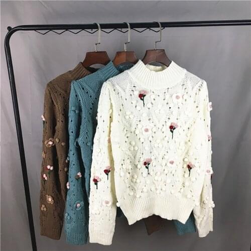 Autumn And Winter Sweet Sweater Hand Woven Flower Sweater Pullover Womens Half High Collar Long Sleeve Thin Hollow Out Top