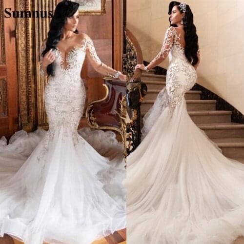 Sumnus Long Sleeves Mermaid Wedding Dress vestido de novia Sexy V Neck Lace Bridal Dress vintage Wedding Gown Plus Size
