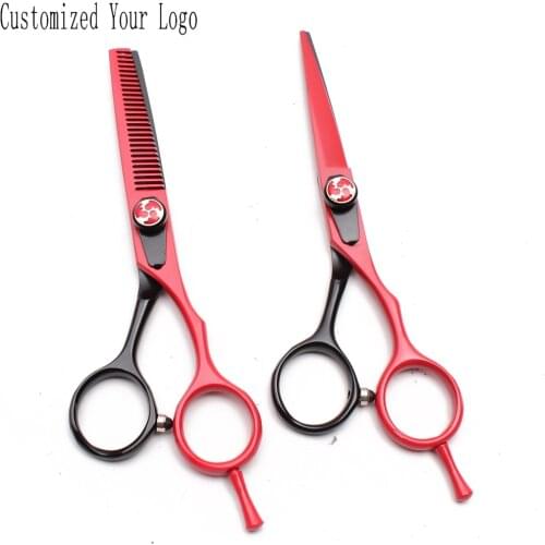 5.5" 16cm Japan 440C Customized Logo Red Professional Hairdressing Cutting and Thinning Scissors Salon Hair Styling Tools C1018