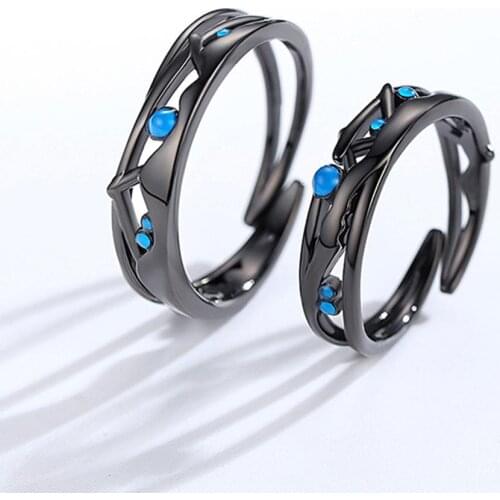 Faux Sapphire Hollow Leaf Opening Finger Ring Adjustable Couple Jewelry Gift