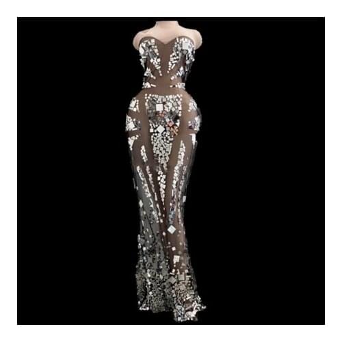 Mesh Perspective Sequins Party Long Dress Sexy see trough mirror dresses Women Prom Party stage show costume