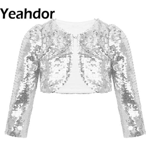 Wedding Kids Girls Shiny Sequins Flower Girls Dress Shrug Wrap Long Sleeve Cropped Blazer Bolero Shrug Cardigan Top Short Jacket