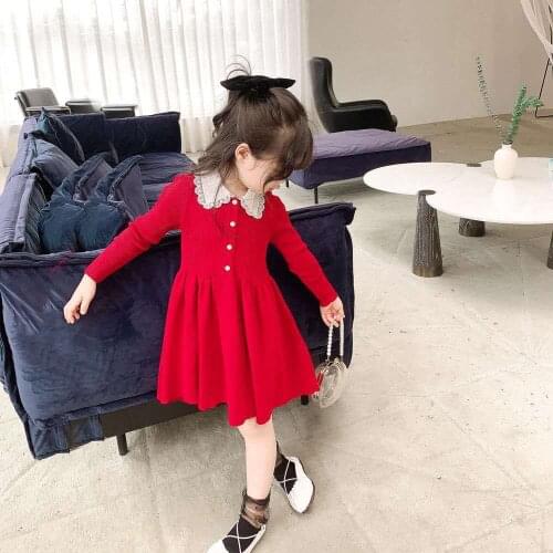 New 2021 Autumn Winter Girl Dress Children Clothes Kids Girls Party Dresses Long Sleeve Knitted Sweater Toddler Girl Dress D413