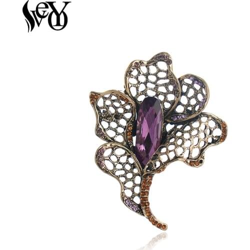 VEYO Elegant Flower Rhinestone Crystal Brooches pins Vintage Hollow Brooches for Women Fashion Jewelry Gift New
