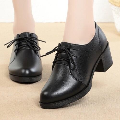 Spring And Autumn Thick Heel Womens Single Shoes Korean Low Top Black Professional Work Shoes Round Head Lace Up Square Shoeses