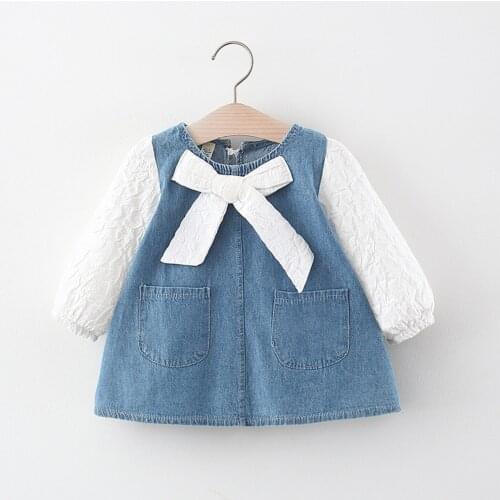 6M-4Y Kids Baby Girls Long Sleeve Dress Patckwork Stitching Bow Denim A-line Dress Spring Autumn Mid-length Casual Dress