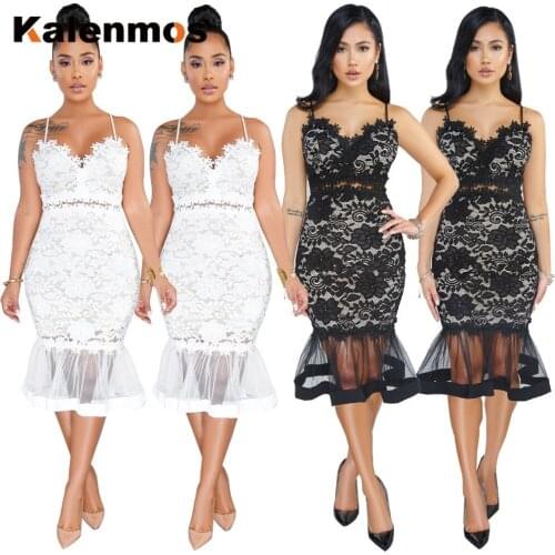 KALENMOS Two Color Lace Embroidery Patchwork Mash Sheath Women Fishtail Dress Sleeveless Deep V Neck Summer Sexy Party Outfits