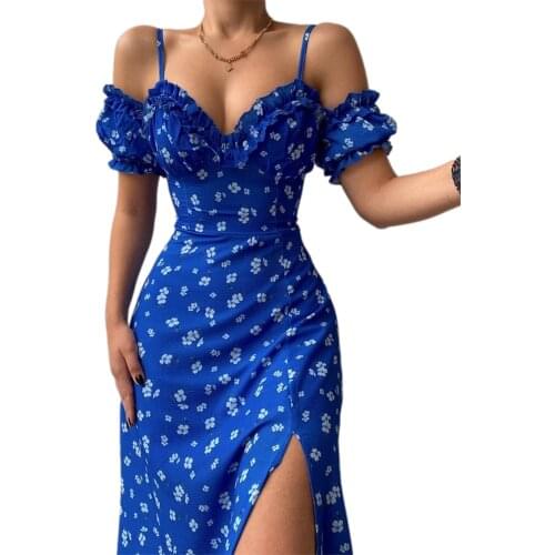 2021 Summer Womens Casual Suspender Short Sleeve Dress Fashion Floral V-neck Split Mid-length Dress