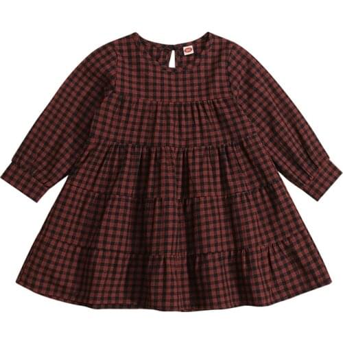 2-6Y Fashion Little Girls Plaid Print Dress Cute Long Sleeve Round Neck Loose Ruffle A-Line Dress Autumn Spring Clothes