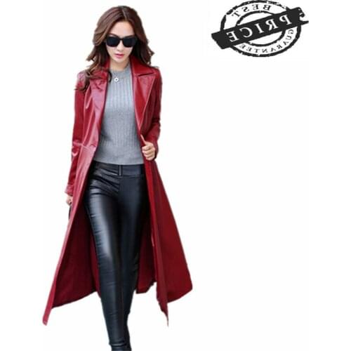 2021 Fashion Large Sizes of Womens Clothing Spring Autumn Long PU Leather Windbreaker Jackets Female Elegant Coat LWL561