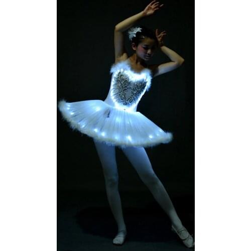 Led Light White Swan Lake Ballet Dress Girls Kids Women Fluorescent Night Club Clothes Halloween Party Stage Show Dance Costume