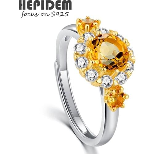 HEPIDEM 100% Citrine 925 Sterling Silver Rings New Women Yellow Stone Gemstones Wedding Gift S925 Fine Jewelry 3263