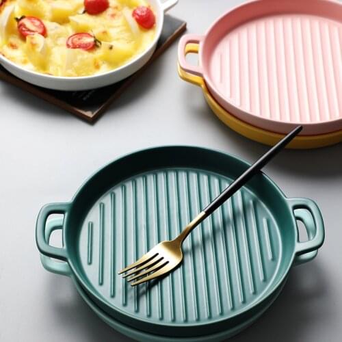 Ceramic Binaural Baking Dish Round Dinner Plates Baking Cake Dish Tray Dishes Microwave Oven Plate Tableware Kitchen Accessories