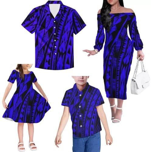 Colorful Big Size Women Dress Custom Hibiscus Polynesian Tribal Design Family Set Clothes Adult Childrens Clothing 4-piece Sets