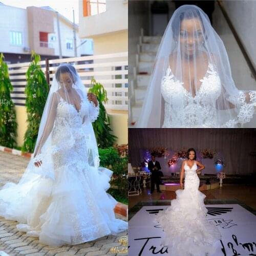 Lace Appliqued V Neck Tiered Mermaid Wedding Dresses Vintage Sheath Crystal Beaded Plus Szie African Bridal Gown