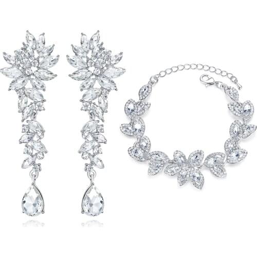 Mecresh Color Horse Eye Shape Wedding Jewelry Sets Leaf Cluster Bridal Earrings Bracelet Sets for Women EH1566+SL046