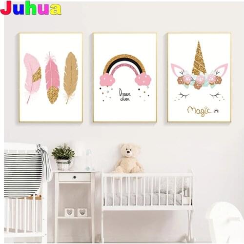 Pink Cartoon Unicorn Diy 5d Diamond Painting Nursery art Kits Rainbow Magic feather Diamond Embroidery kids baby room decor