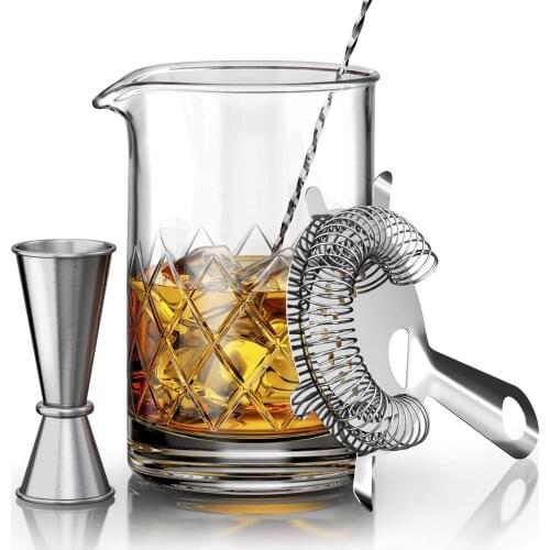 Cocktail Mixing Glass Set - Includes Mixing Spoon, Strainer, Jigger and 18oz 550ml Cocktail Glass - Sturdy, Thick Base