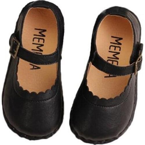 New Girls Genuine Leather Shoes Baby Princess Buckle Shoes Students Soft Bottom Childrens Square Toe Kids Flats