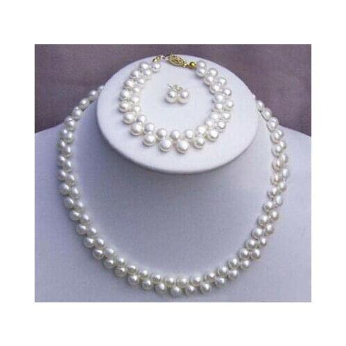 Genuine White Flat Fresh Water Pearl Clasp Necklace Bracelet Earrings Set